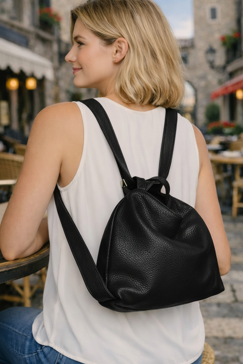 LaGaksta Bria Italian leather convertible backpack in Black, worn as backpack