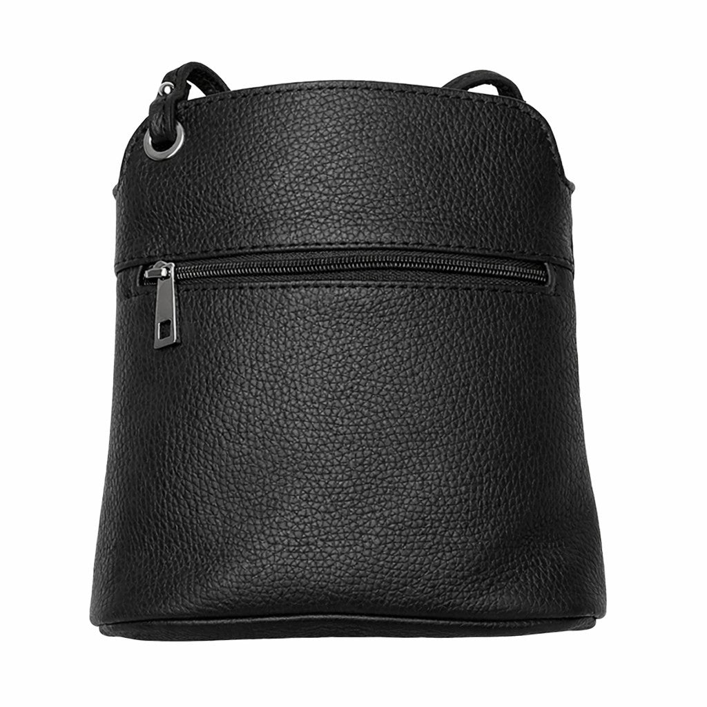 LaGaksta Fina Mini Compact Crossbody in black showing the back with zipper  with white background 