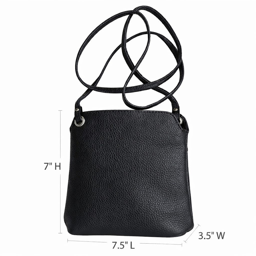 LaGaksta Fina Mini Compact Crossbody dimensions on black bag with white background 