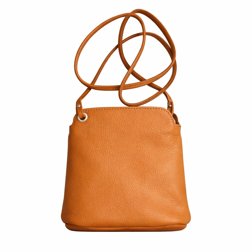 LaGaksta Fina Mini Compact Crossbody in tan cognac with white background 
