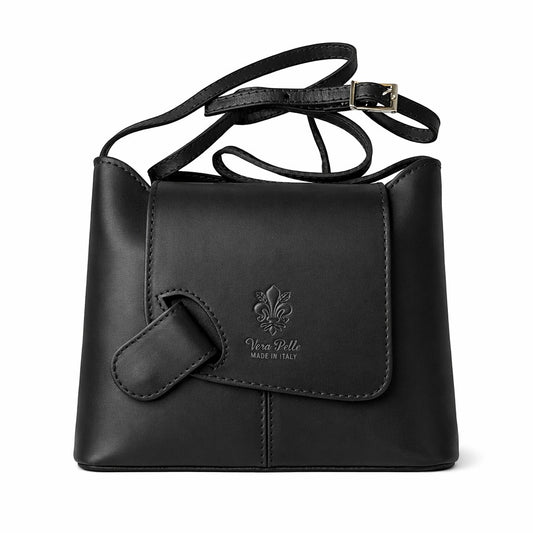 LaGaksta Black Italian leather crossbody with embossed ‘Vera Pelle Made in Italy’ text on the front flap, adjustable shoulder strap, and sleek minimalist design