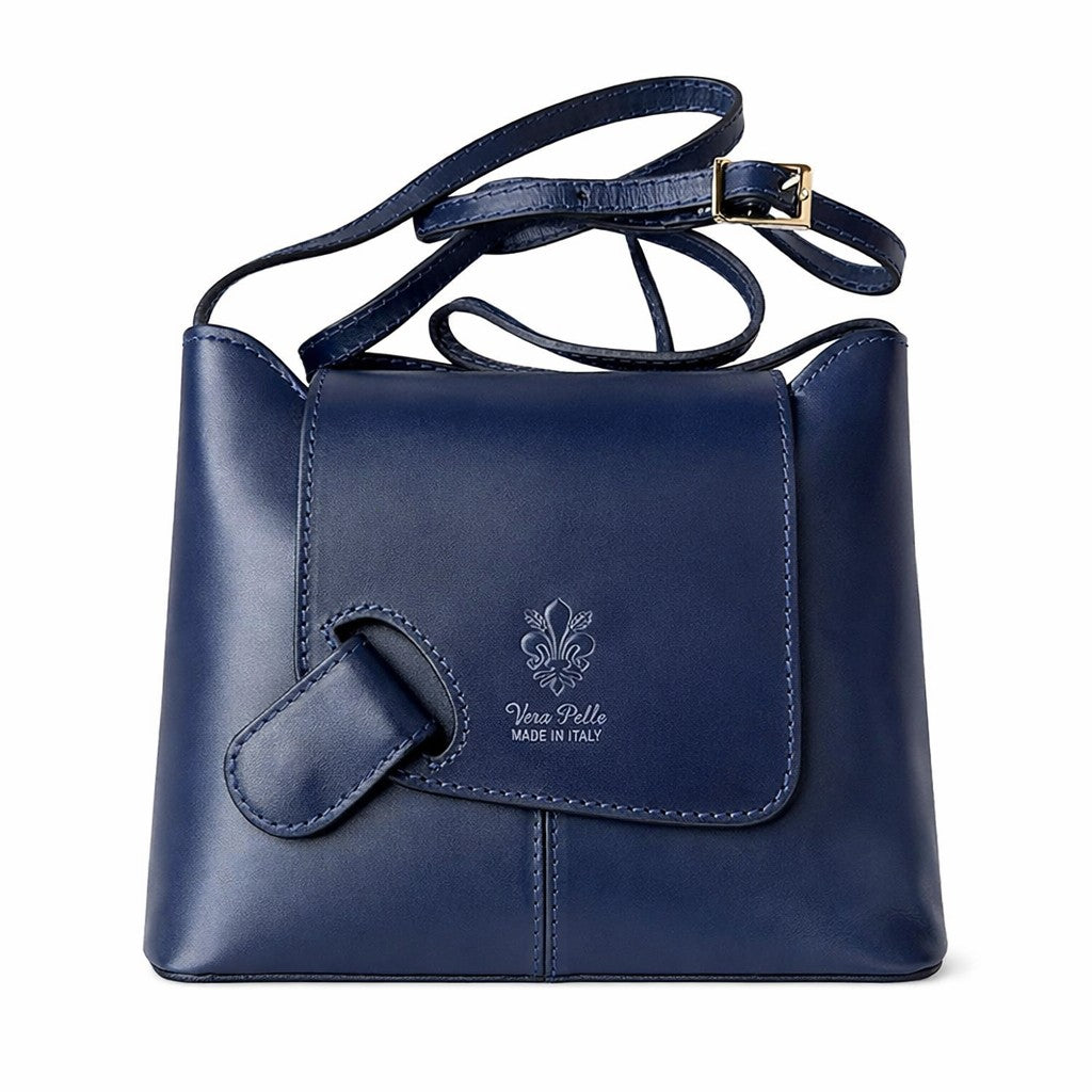 LaGaksta Navy Blue Italian leather crossbody with embossed ‘Vera Pelle Made in Italy’ text on the front flap, adjustable shoulder strap, and sleek minimalist design