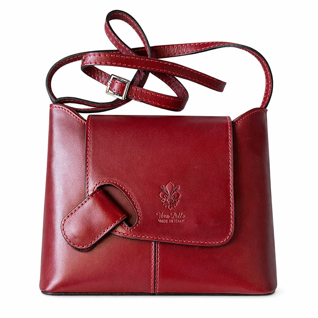 LaGaksta red Italian leather crossbody with embossed ‘Vera Pelle Made in Italy’ text on the front flap, adjustable shoulder strap, and sleek minimalist design