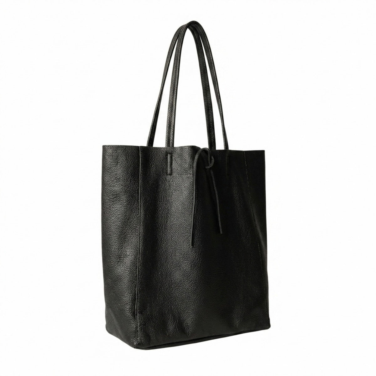 LaGaksta Taylor black Italian leather tote bag with leather tie closure, side angle view