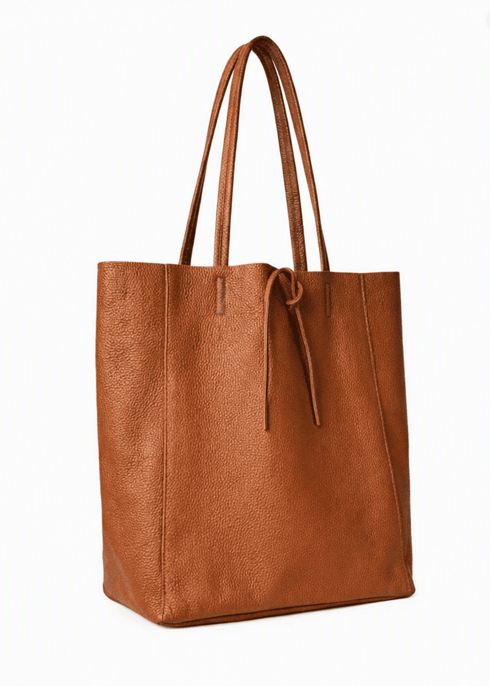 LaGaksta Taylor brown Italian leather tote bag with leather tie closure, side angle view