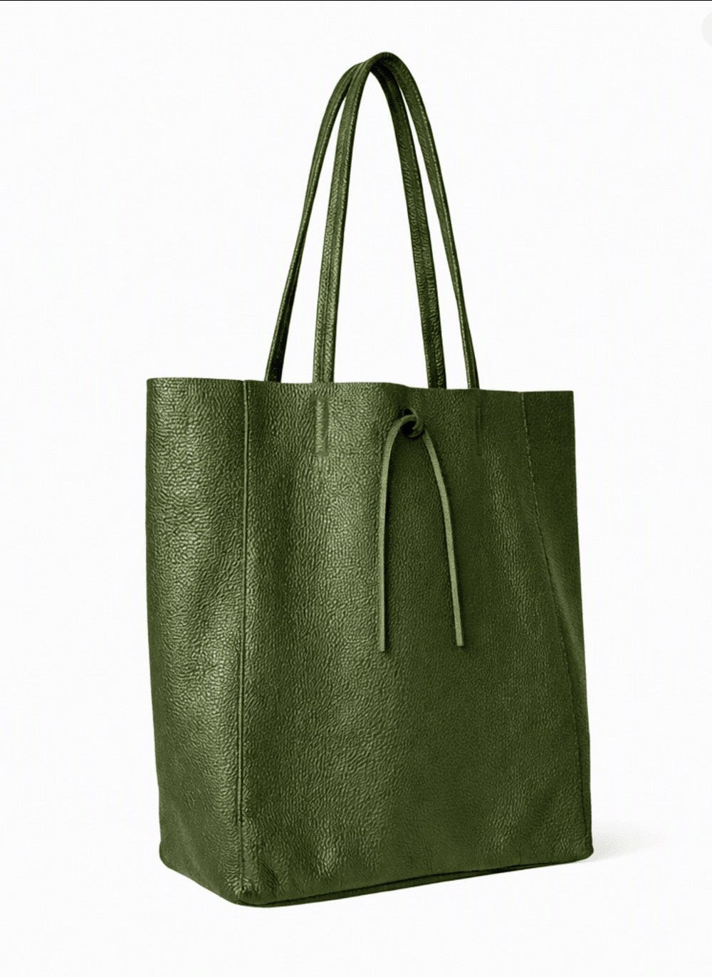 LaGaksta Taylor muted olive forest green Italian leather tote bag with leather tie closure, side angle view