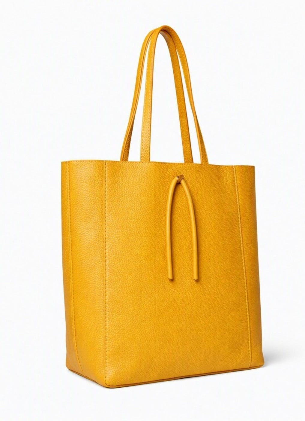 LaGaksta Taylor mustard yellow Italian leather tote bag with leather tie closure, side angle view