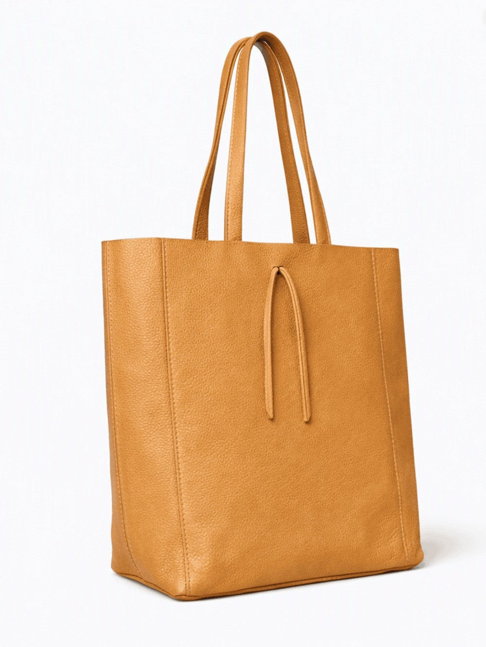 LaGaksta Taylor cognac tan Italian leather tote bag with leather tie closure, side angle view