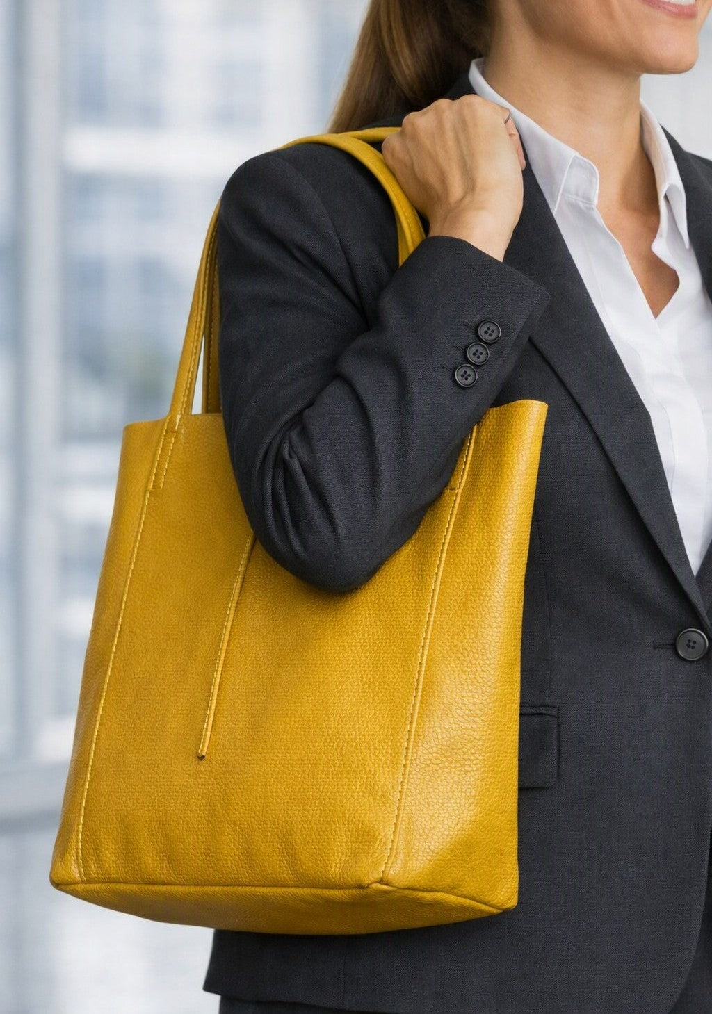 LaGaksta Taylor Italian Leather Tote Purse Bag on model in business setting
