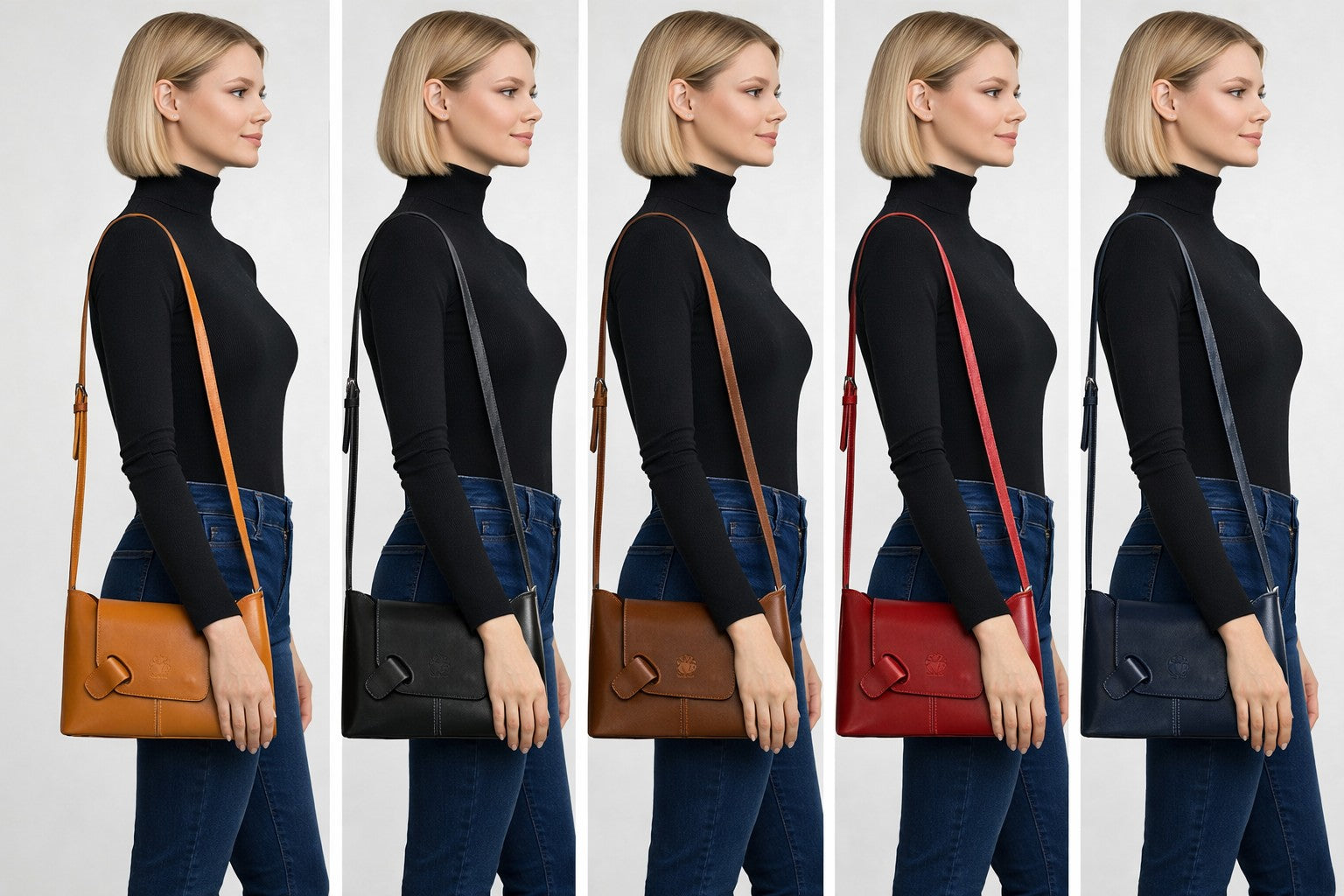 LaGaksta Italian leather crossbody in black, tan, brown, red and navy blue on a model with white background