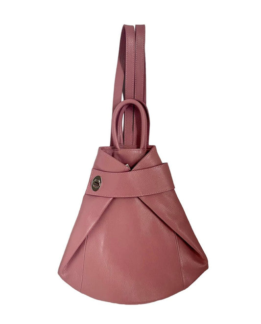 LaGaksta Stella Italian leather backpack purse with adjustable straps and a teardrop shape when closed. It features a turn lock, top handles and a pebbled surface. Rose. Pink.